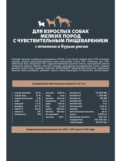 Сухой корм AlphaPet для собак, мелкие, ягненок, 0,9 кг, фото 3