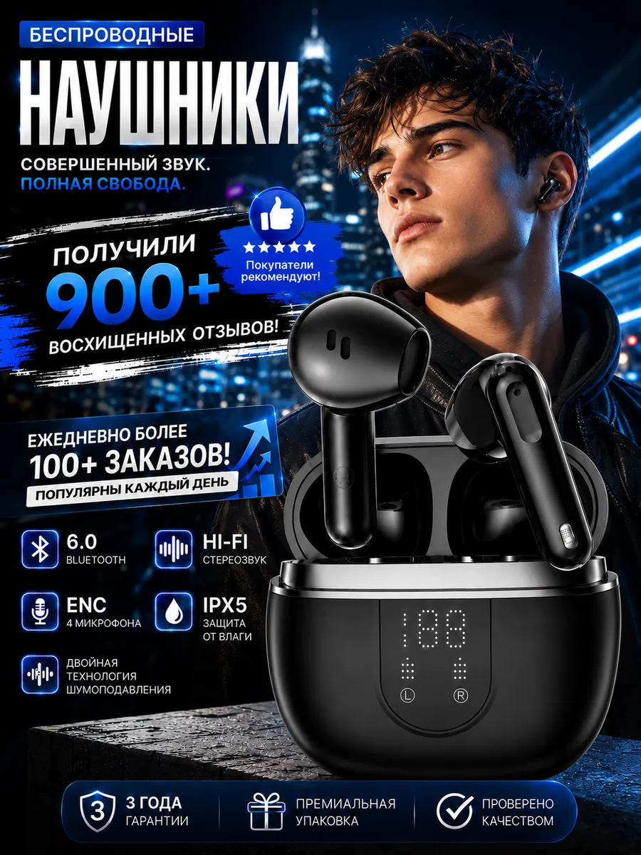 Наушники беспроводные BD88 Четыре микрофона.Bluetooth 6.0