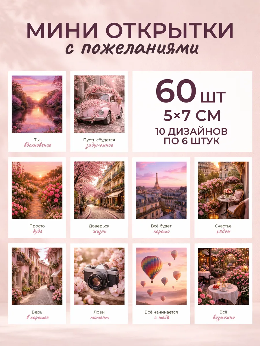 Мини открытки с пожеланиями на 8 марта 60 шт