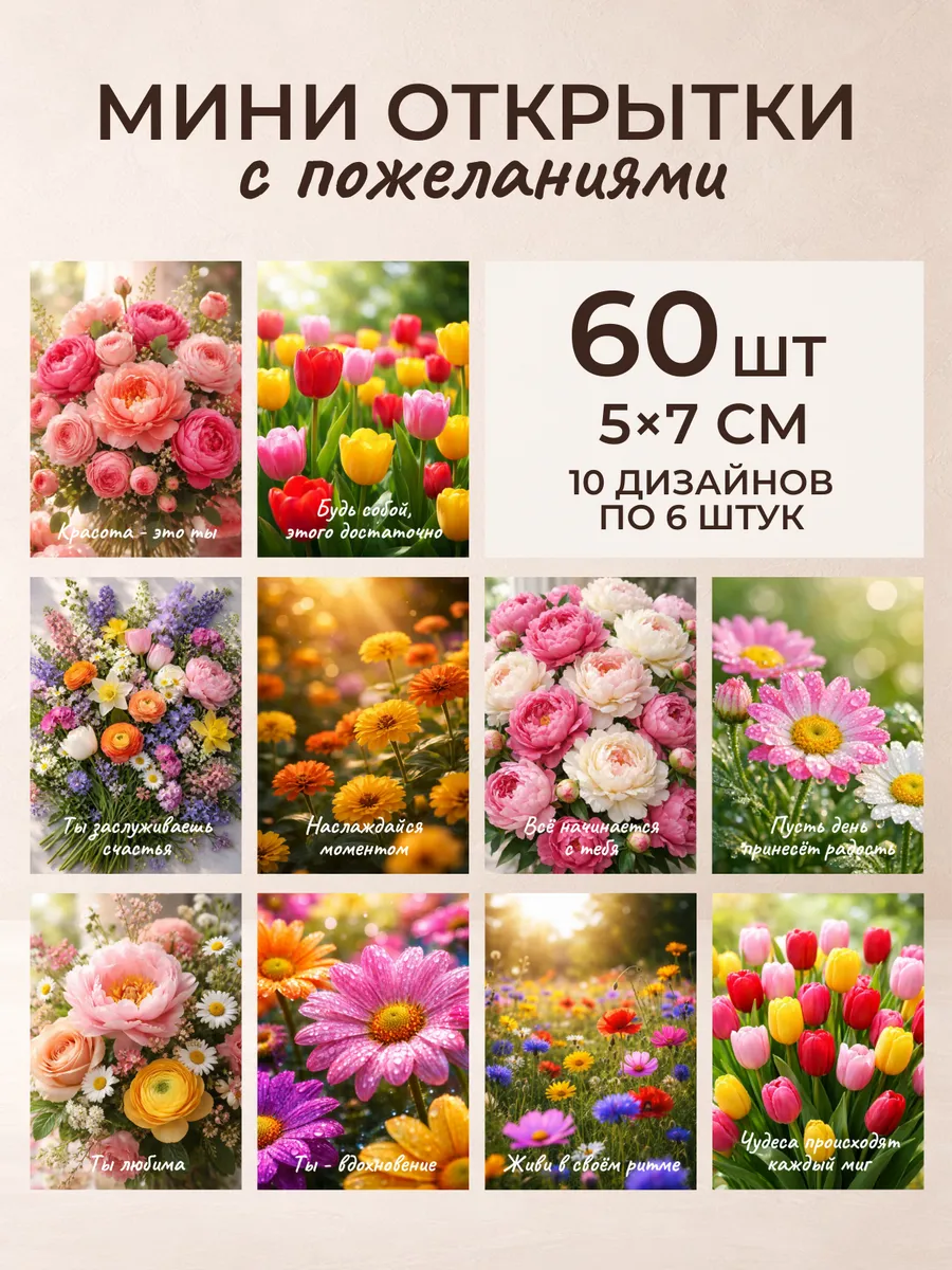Мини открытки с пожеланиями на 8 марта 60 шт