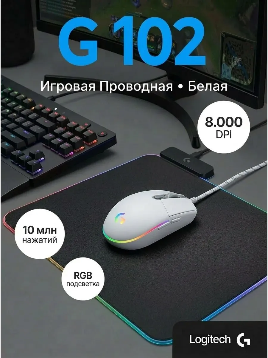 LOGITECH Игровая мышь G102 LightSync с RGB подсветкой Белая (910-0058…