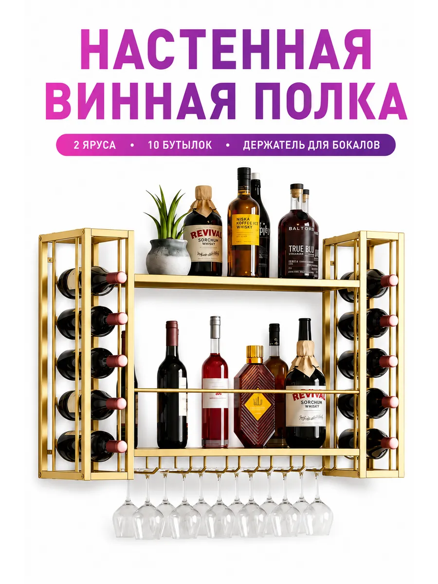 Настенная винная полка с держателем для бокалов
