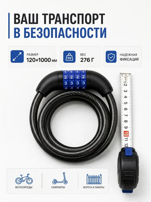 LOCKLAND Замок тросовый кодовый для велосипеда 12х1000 мм, 12x1000 мм, фото 5