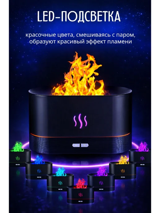 Аромадиффузор увлажнитель с эффектом пламени LED, черный, фото 7