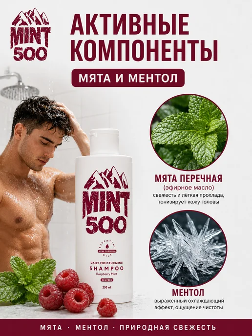 Mint500 Шампунь бессульфатный мужской с ментолом, аромат малины, зеленый, фото 3