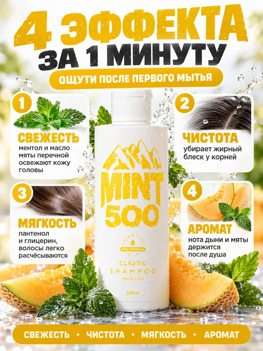 Mint500 Шампунь мужской для жирных волос, аромат дыни и мяты 250 мл, 250 мл, фото 2