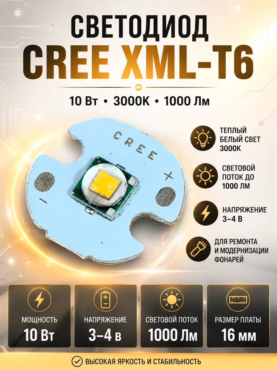 Светодиод XML-T6, 10 Вт, 3,4 В, 3000 К, 1000 Лм, 16мм