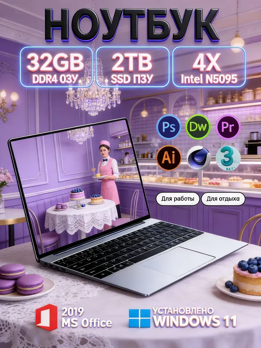 Ноутбук 32ГБ 2ТБ Intel IPS для офиса сверхлегкий
