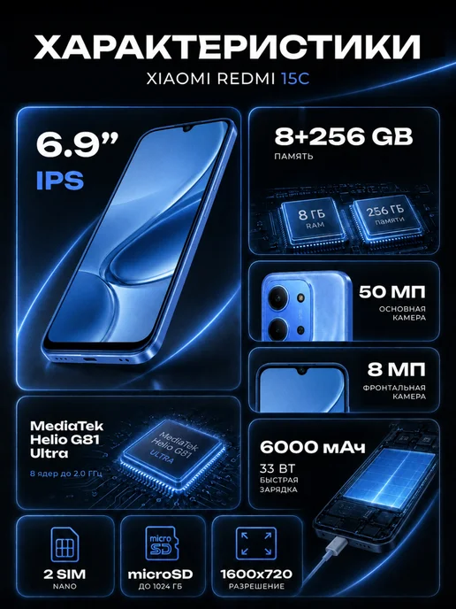 Смартфон Xiaomi 15C 8/256 ГБ, голубой, фото 3
