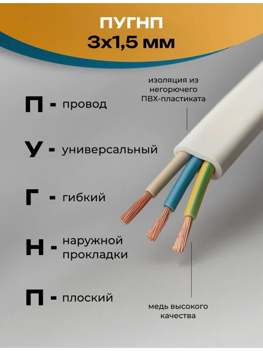 Провод ПУГНП 3х1.5 мм2, силовой медный, 40 метров, 3x1.5 мм, 40 м, фото 2