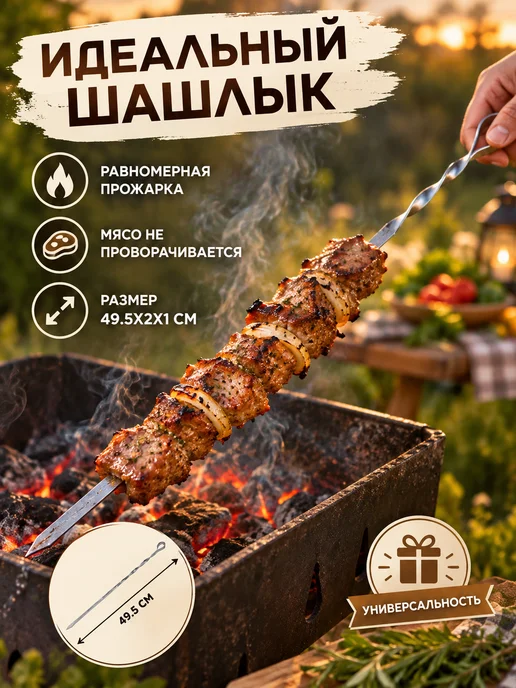 Maclay Прямой шампур из нержавеющей стали для гриля, 50 см нержавеющая сталь, фото 3
