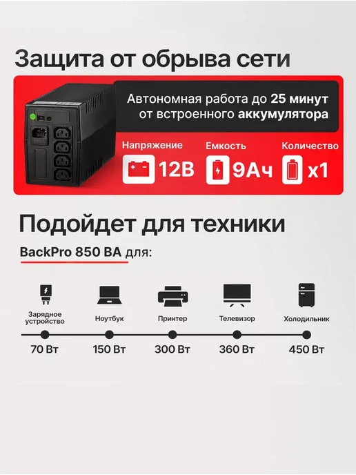 POWERMAN ИБП Back Pro I Plus 850 ВА 480 Вт, бесперебойник, 480 Вт, фото 2