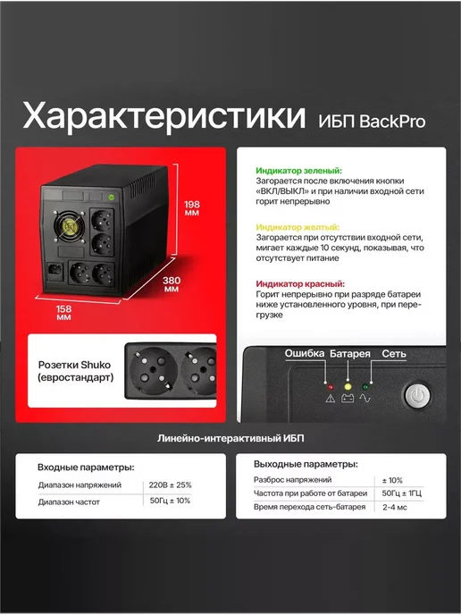 POWERMAN ИБП Back Pro 2000 ВА 1200 Вт, бесперебойник для компьютера, 1200 Вт, фото 3