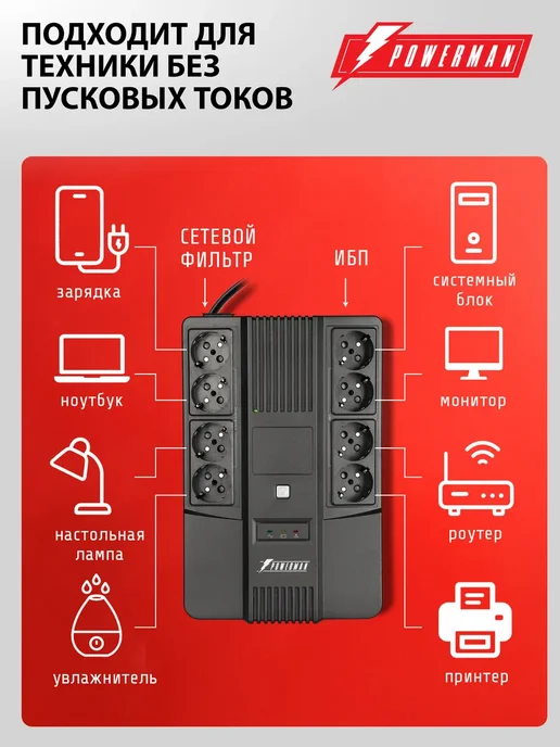 POWERMAN ИБП Brick 1000 ВА 600 Вт, бесперебойник для компьютера, 600 Вт, фото 2