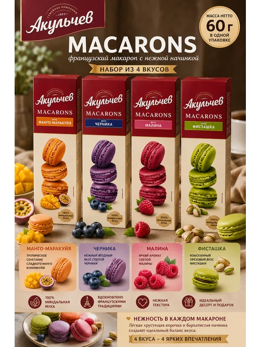 Макаронс ассорти 4 вкуса, 4 шт