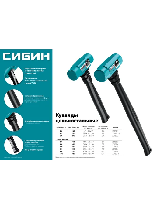 СИБИН 1,5 кг, 240 мм, цельностальная кувалда с обрезине, 1,5 кг