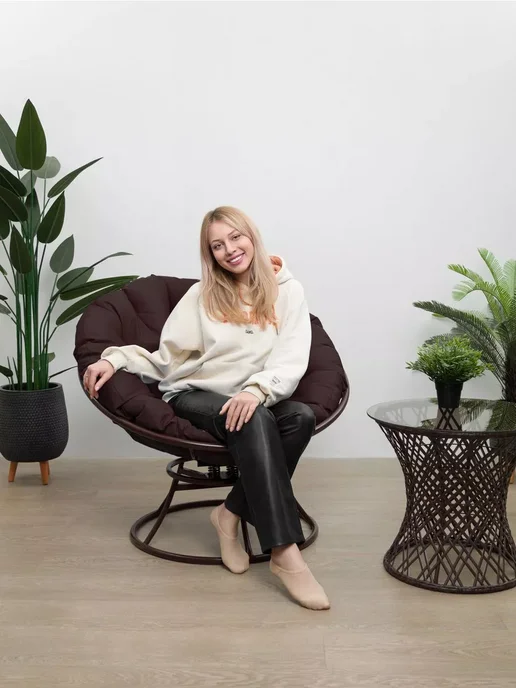 M-Group Кресло ПАПАСАН пружинка с ротангом чёрное, бежевая, коричневый, фото 3