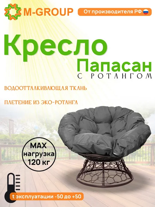 M-Group Кресло ПАПАСАН с ротангом коричневое, коричневая, серый, коричневый