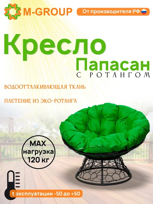 M-Group Кресло ПАПАСАН с ротангом чёрное, серая, черный