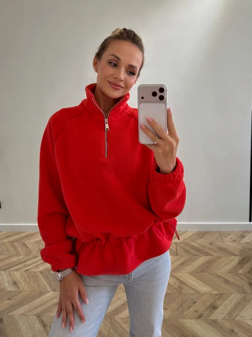 Le Store Толстовка флисовая на молнии с резинкой, красный