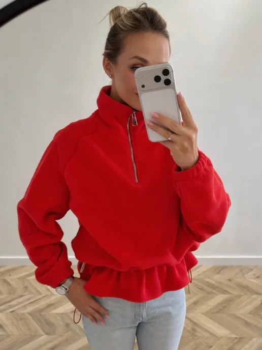 Le Store Толстовка флисовая на молнии с резинкой, красный, фото 4
