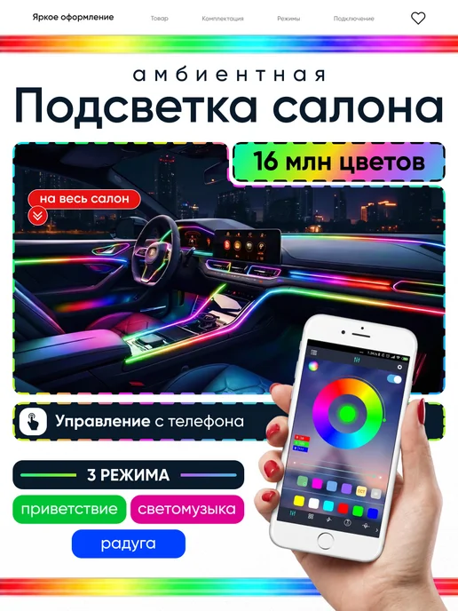 Melnikov.V Контурная амбиентная подсветка для салона автомобиля 18в1, 4 шт