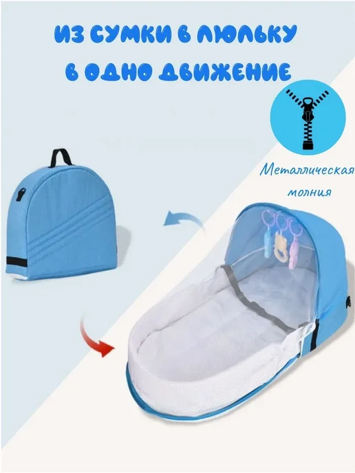 Люлька-кроватка для новорожденных складная Голубая, голубой, фото 2