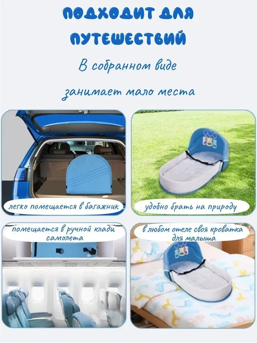 Люлька-кроватка для новорожденных складная Голубая, голубой, фото 4