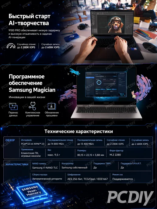 Samsung 9100PRO 1TB Внутренний SSD 1 ТБ PCIE5.0 M.2 NVMe, 1 ТБ, 1 ТБ, фото 4