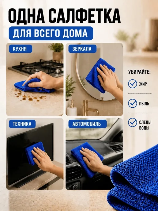 МИКРОСФЕРА Салфетки для кухни и уборки из микрофибры 30х30см, синий, фото 4