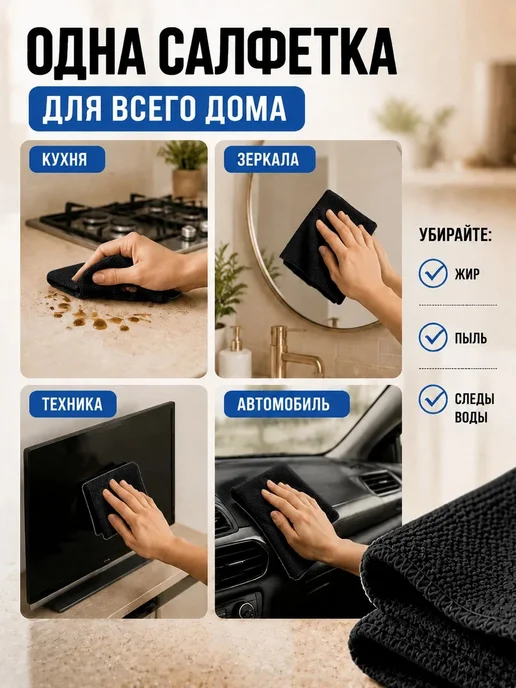 МИКРОСФЕРА Салфетки для кухни и уборки из микрофибры 30х30см, черный, фото 4