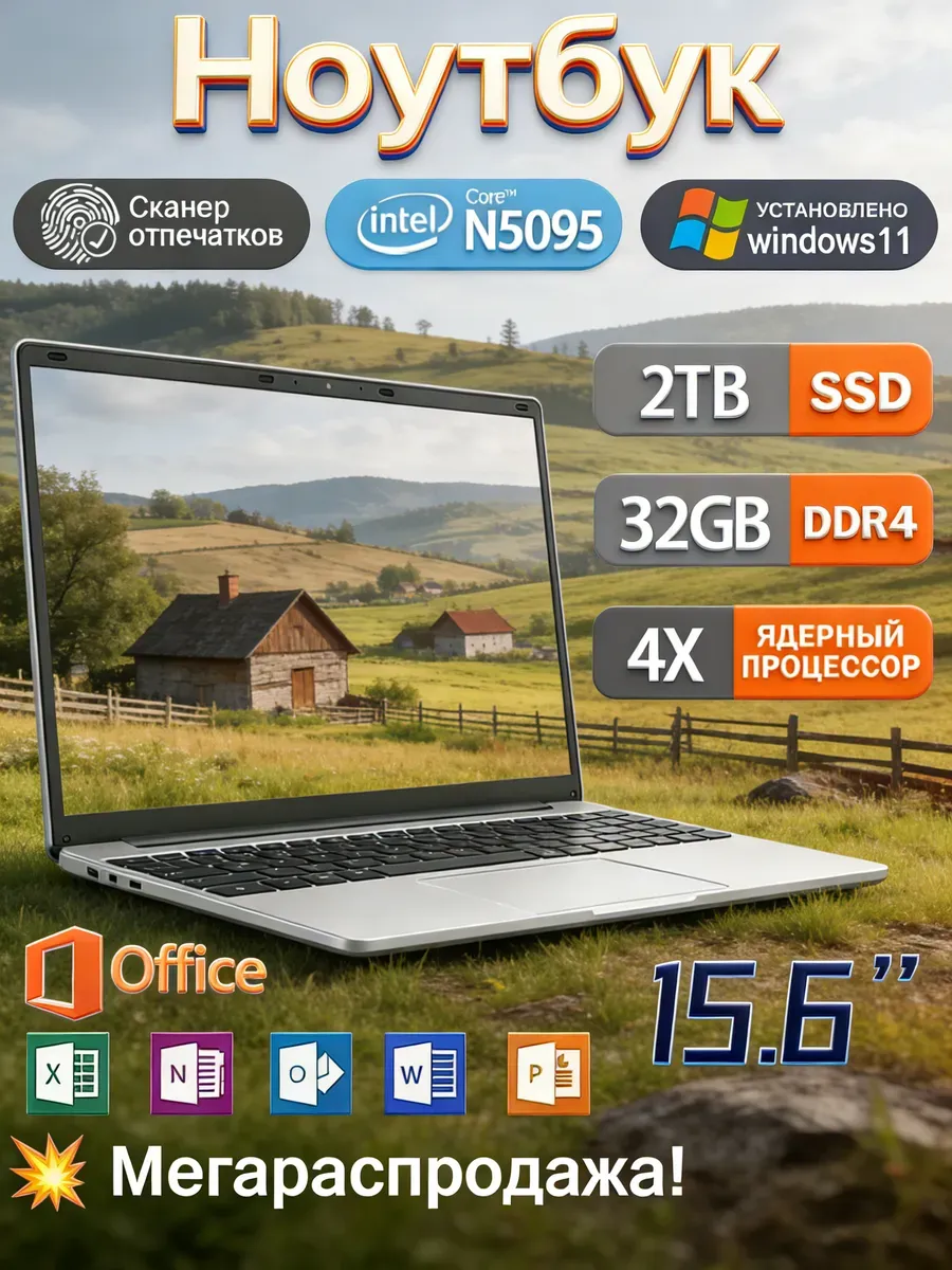 Ноутбук 32ГБ 2ТБ 15.6 SSD ультратонкий премиальный Intel
