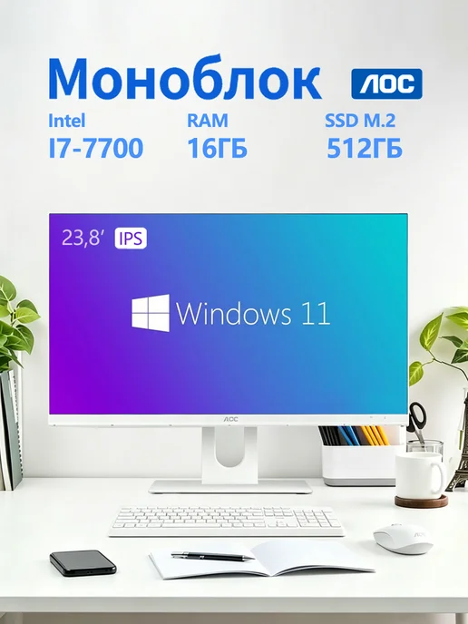 AOC 23.8"Моноблок SJ-X55-29 Intel i7-7700,RAM 16ГБ,SSD 512ГБ, 16 ГБ, 512 ГБ