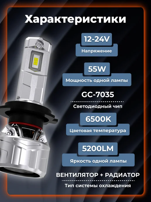 AIRLINE Лед лампы с обманкой H7 ULTRA, 110W, 12 24В, 6500K, 110 Вт, фото 3