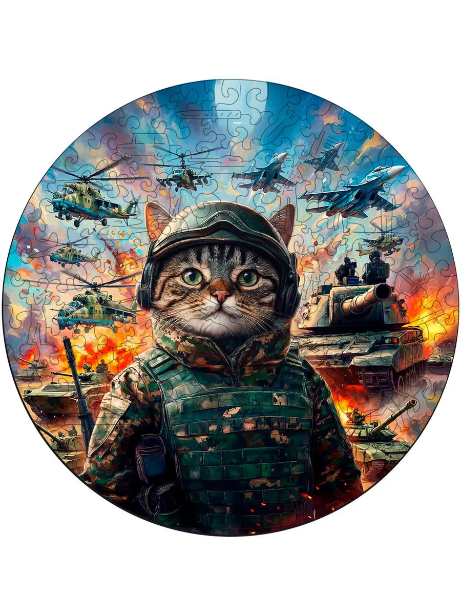 Деревянный пазл, Военный котик, круг 30 см
