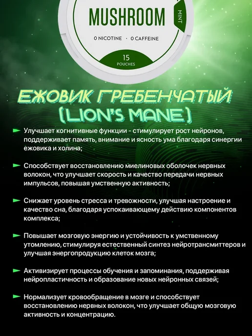 Brainvolt Грибные паучи Ежовик Lion's mane набор 5 банок, мята, вариант, фото 6