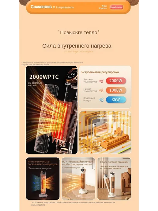 Конвекторный обогреватель 2000 Вт с пультом, термостатом, 2000 Вт, фото 4