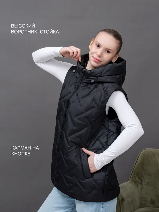 жилетка утепленная с капюшоном, черный, фото 5