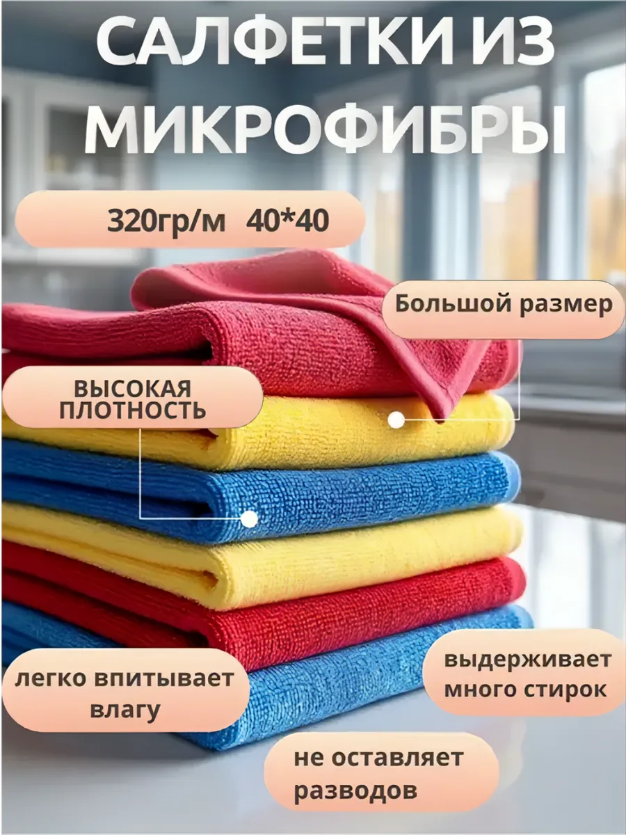 Салфетки из микрофибры 40*40 см для дома, авто, клининга