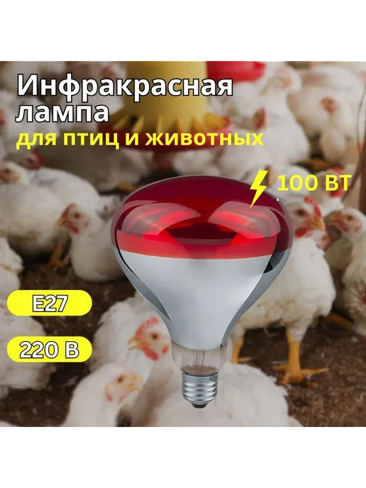 Инфракрасная лампа для обогрева птиц и животных E27 250Вт, 100 Вт