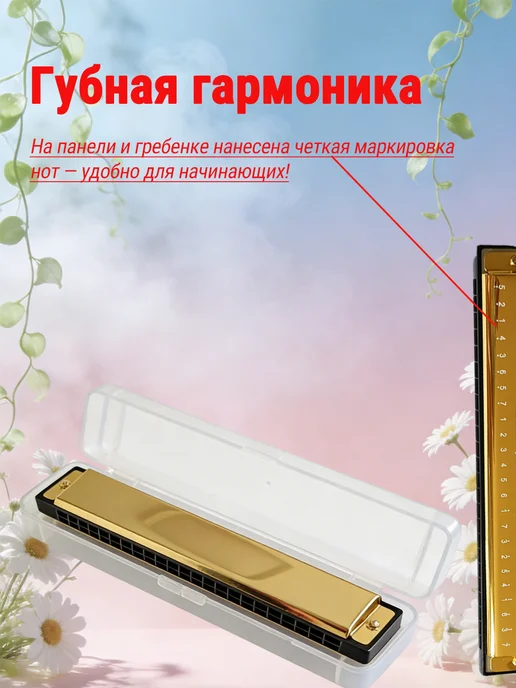 Губная гармоника 24 отв. C для начинающих и профессионалов, красный, фото 6