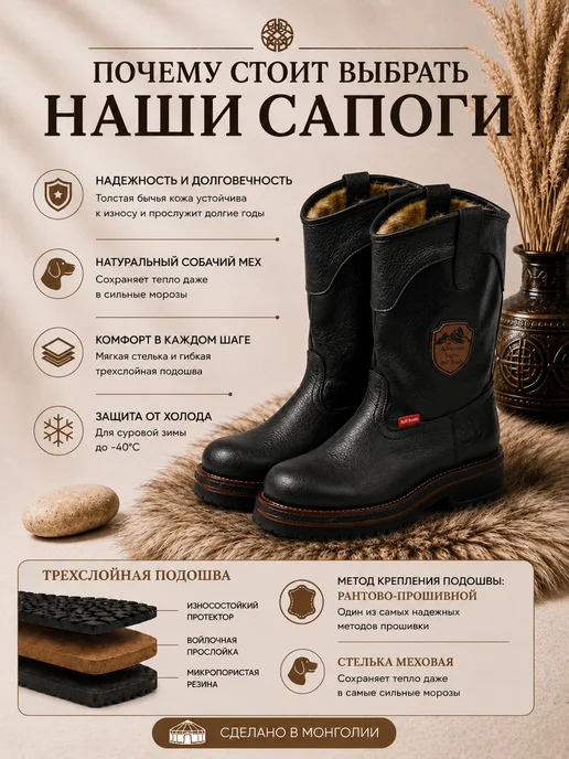 Монгольские унты Унты зимние монгольские с натуральным мехом, черный, фото 2