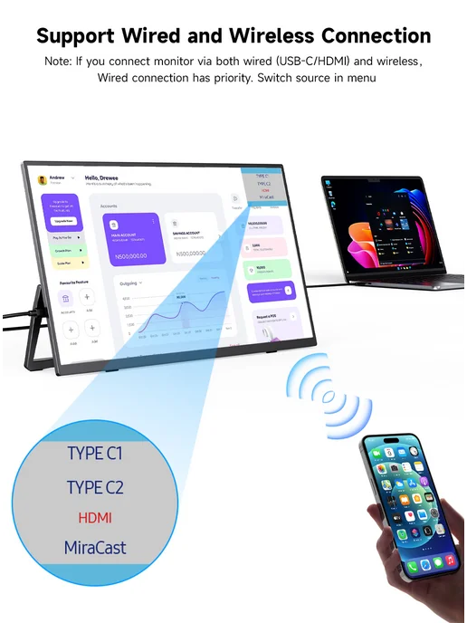 Uperfect 15.6" Беспроводной монитор 60 Гц с 8000mAh батареей, 8000 мАч, фото 4