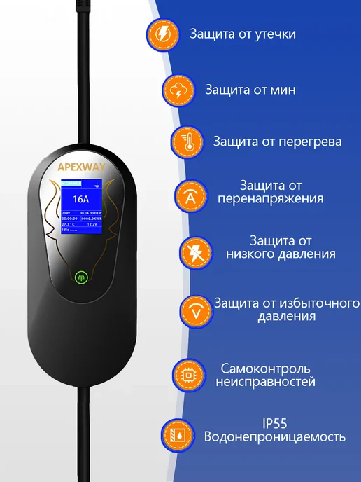 APEXWAY Зарядное устройство Type 2 220в 3,5кВт 5м с сумкой, вариант, фото 3