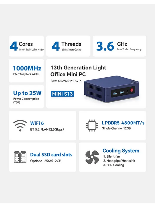 Beelink Мини компьютер MINI S13 intel N150, 12ГБ+500 ГБ, 12 ГБ, 500 ГБ, фото 4
