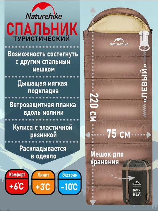 Naturehike Спальный мешок туристический теплый одеяло, коричневый