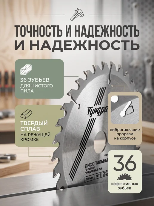 Тундра Диск пильный по дереву 160х32 мм, 36 зубьев с кольцами, 160x32 мм, фото 2