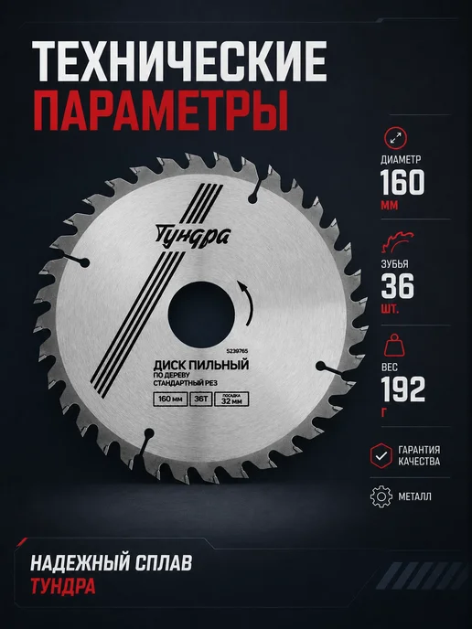 Тундра Диск пильный по дереву 160х32 мм, 36 зубьев с кольцами, 160x32 мм, фото 5