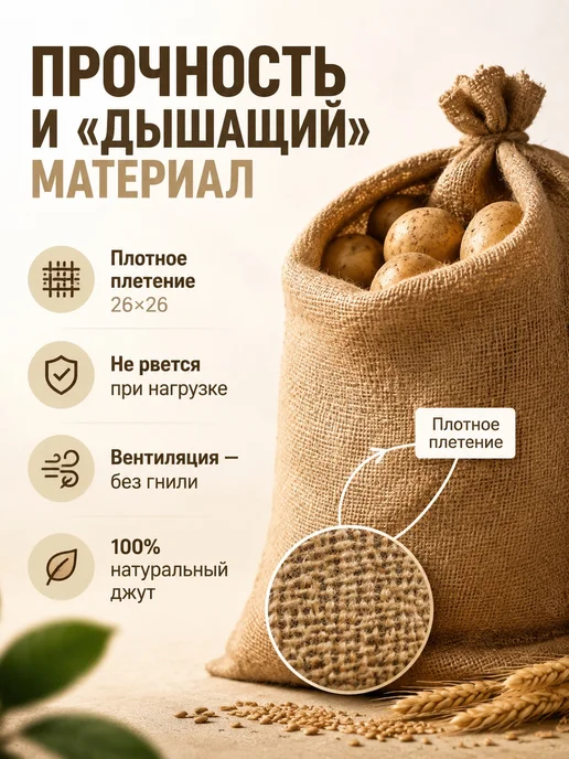 Greengo Мешок джутовый 74×114 см 26×26 нитей с завязкой, 74x114 см, фото 2