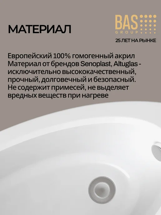 BAS bath acrylic system Ванна акриловая 150х90 левая с каркасом и экраном Тенерифа, 150x90, фото 5